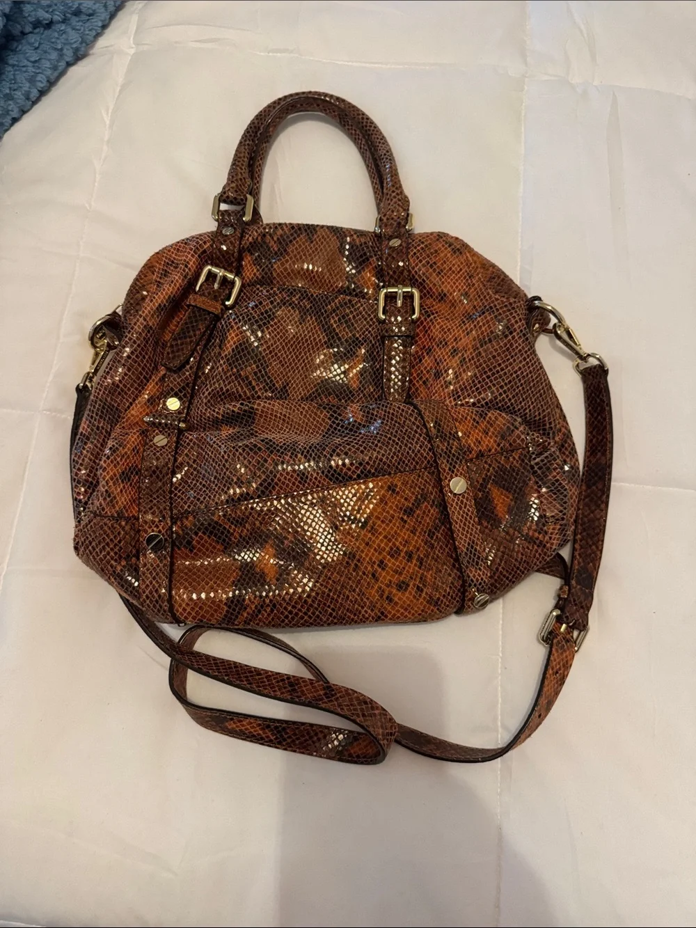 Michael Kors Brown Snake-Print Satchel with Gold Hardware